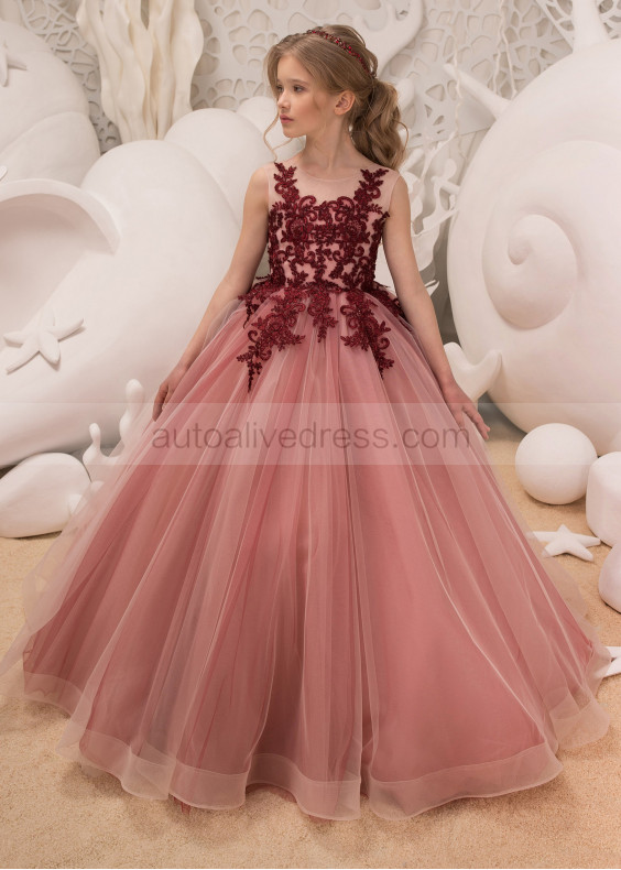 Maroon Lace Applique Tulle Corset V Back Floor Length Flower Girl Dress